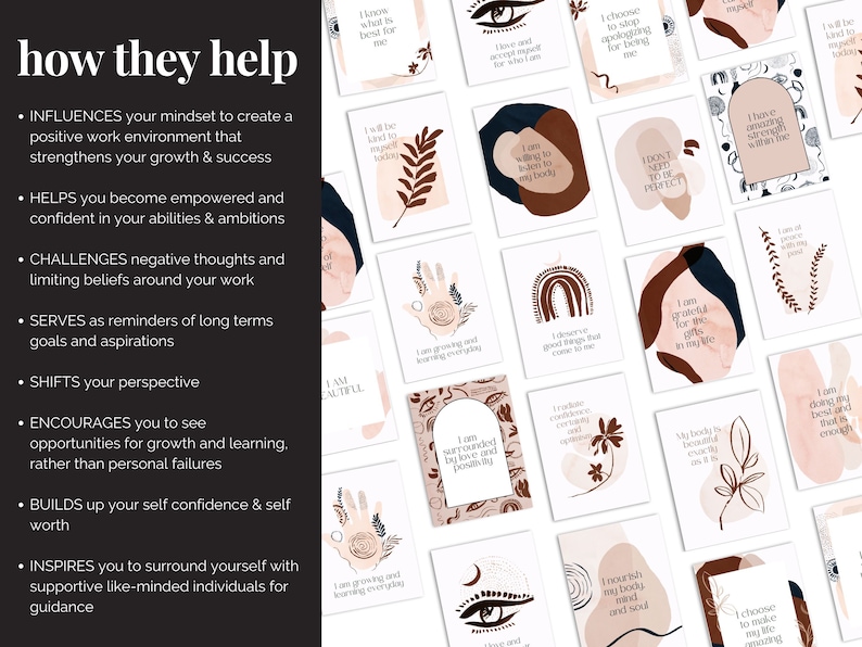 May include: A set of 16 affirmation cards with various illustrations and text. The cards feature a neutral color palette of brown, beige, and black. The text on the cards includes phrases such as "I am grateful for the gifts in my life" and "I choose to make my life amazing".