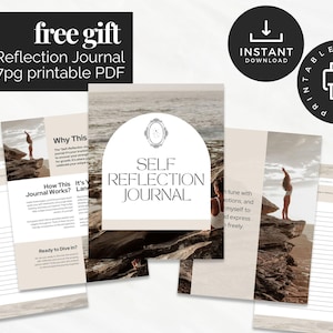 May include: A printable self-reflection journal with a beach background. The journal cover features the text "Self Reflection Journal" in a black font with a decorative frame. The text "Why This" and "How This Journal Works?" are visible on the pages.
