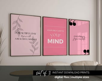 Pink Office Wall Art Set of 3 Inspirational Quote Prints Pink Poster Download Girly Home Office Decor for Female Office Growth Mindset Art