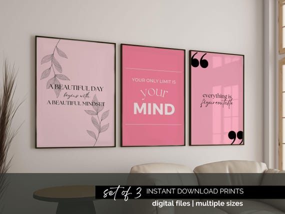 Pink Office Wall Art Set of 3 Inspirational Quote Prints Pink Poster Download Girly Home Office Decor for Female Office Growth Mindset Art