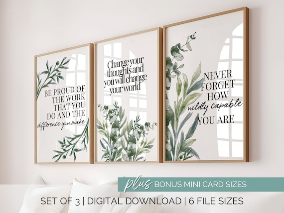 Office Wall Decor Set of 3 Prints, Green Watercolor Office Decor Women, Inspirational Quotes with Greenery, Sage Green 3pc Wall Art Prints