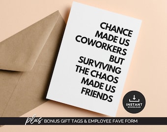 La casualidad nos convirtió de compañeros de trabajo a amigos Tarjeta de mejor amigo del trabajo que renuncia al trabajo Tarjeta sarcástica para dejar un colega Tarjeta divertida para un nuevo trabajo Adiós a un amigo del trabajo