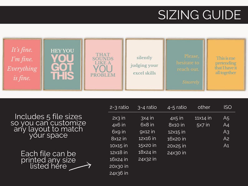 Pode incluir: Um conjunto de seis impress&otilde;es art&iacute;sticas emolduradas com cita&ccedil;&otilde;es humor&iacute;sticas em v&aacute;rias cores. As impress&otilde;es incluem frases como "Hey You Got This" e "That Sounds Like a You Problem". Um guia de tamanhos tamb&eacute;m est&aacute; inclu&iacute;do.