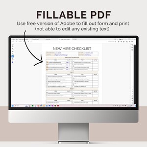 K&ouml;nnte beinhalten: Ein Computerbildschirm zeigt ein ausf&uuml;llbares PDF-Dokument mit dem Titel "Neueinstellungs-Checkliste" an. Das Dokument enth&auml;lt Abschnitte f&uuml;r Mitarbeiterinformationen, Onboarding-Aufgaben und Daten. Der Text "Verwenden Sie die kostenlose Version von Adobe, um das Formular auszuf&uuml;llen und zu drucken (kein Bearbeiten von vorhandenem Text m&ouml;glich)" wird &uuml;ber dem Dokument angezeigt.