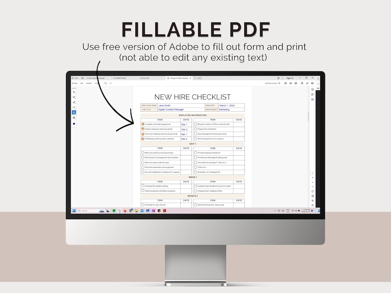 K&ouml;nnte beinhalten: Ein Computerbildschirm zeigt ein ausf&uuml;llbares PDF-Dokument mit dem Titel "Neueinstellungs-Checkliste" an. Das Dokument enth&auml;lt Abschnitte f&uuml;r Mitarbeiterinformationen, Onboarding-Aufgaben und Daten. Der Text "Verwenden Sie die kostenlose Version von Adobe, um das Formular auszuf&uuml;llen und zu drucken (kein Bearbeiten von vorhandenem Text m&ouml;glich)" wird &uuml;ber dem Dokument angezeigt.