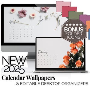 Calendario mensile floreale per desktop 2025 Sfondo per desktop e pacchetto di icone Sfondi floreali Sfondi per laptop botanici Set di salvaschermo