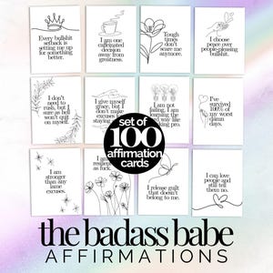 May include: A set of 100 affirmation cards featuring black line art illustrations and motivational text on white backgrounds. The cards include phrases like Every bullshit setback is setting me up for something better and I am not failing.