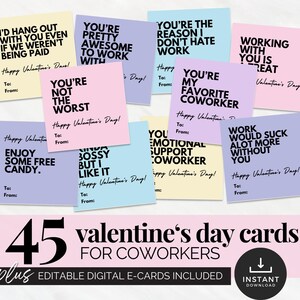 Cartes de Saint-Valentin pastel imprimables Saint-Valentin sarcastique pour collègues de bureau Cartes de Saint-Valentin au travail drôles Personnel Saint-Valentin étiquettes-cadeaux