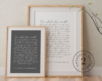F Scott Fitzgerald Quote For What Its Worth Fitzgerald Print Literary Quote Wall Art Quotes About Life Literary Gift Women Literature Poster