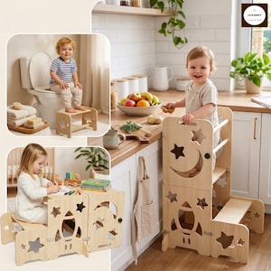 Convertible Wooden Toddler Tower, Kitchen Helper Stool, Potty Step Stool, Kids Activity Desk and Chair Set, Montessori Kids Furniture