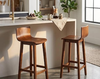 Set of 2 Counter Height Bar Stools, 24.5 Inch Mid Century Modern Barstools with Low Backrest, Wooden Kitchen Island Chairs, Farmhouse Stool