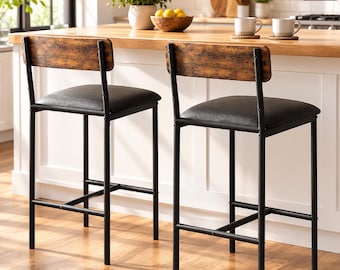 Set of 2 Rustic Brown Bar Stools, Upholstered Seats with Backs and Footrests