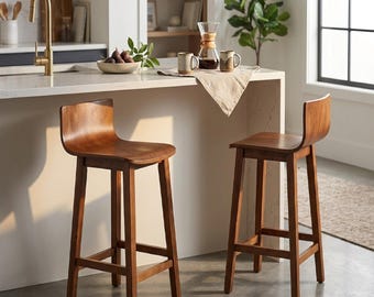 Set of 2 Wooden Counter Height Bar Stools 24.5 Inch, Mid Century Modern Farmhouse Barstools with Low Backrest, Wood Kitchen Island Chairs