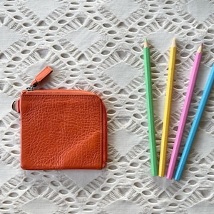 Vintage Hellorange Echtleder Half-Zip Brieftasche, bunte dünne Brieftasche, schlanke Brieftasche, Geldtasche, Kartenhalter, Münztasche, quadratische Geldbörse, lebendig