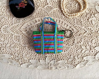 Super Cute Miniature Striped handbag coin purse with keychain, mini zipper purse, Earbud Holder, Change Purse with Key Ring