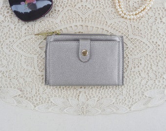 Vintage Japanese Minimalist Silver metallic PU leather small wallet, thin wallet, card holder,square Purse, vegan zipper pouch, money bag