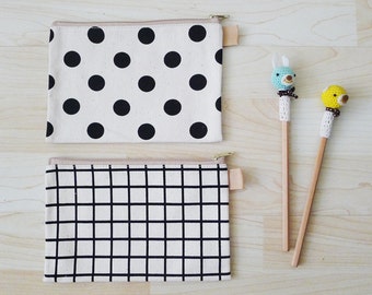 Polka Dot // GRID Large thick canvas zipper pencil case, geometric pencil pouch, snack bag, cosmetic bag, wallet, rectangle shaped, GRAPHIC