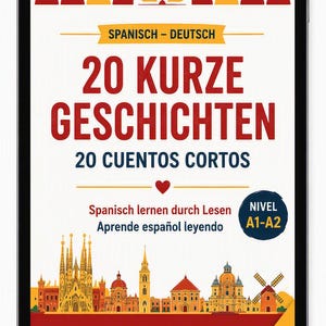 Könnte beinhalten: Ein digitales Tablet mit einem Buchcover mit dem Titel 20 KURZE GESCHICHTEN 20 CUENTOS CORTOS. Das Cover zeigt eine rote, orange und gelbe Skyline-Illustration, den Text NIVEL A1-A2 sowie den Autorennamen Belén Navarro auf weißem Grund.