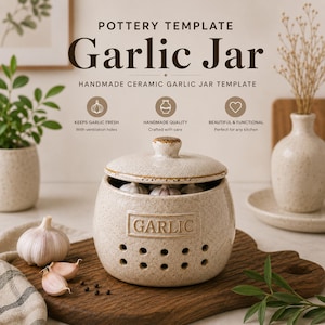 Może przedstawiać: Nakrapiany beżowy ceramiczny pojemnik na czosnek z pokrywką, z wytłoczonym słowem GARLIC z przodu i wieloma otworami wentylacyjnymi u podstawy. Pojemnik jest prezentowany z całymi ząbkami czosnku na drewnianej desce.