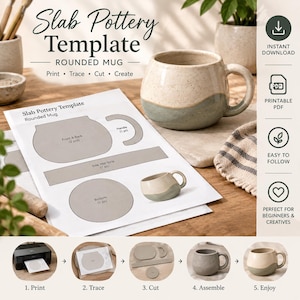 Puede incluir: Una plantilla de cerámica para una taza redondeada, con formas impresas para el frente, la parte posterior, el asa, la pared lateral y la base. La plantilla incluye instrucciones para imprimir, calcar, cortar y crear, junto a una taza de cerámica bicolor.