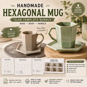 May include: A digital PDF bundle for a handmade hexagonal mug, including slab templates for the base, body, and handle. The image displays a beige mug and a speckled green mug, each on a matching hexagonal saucer, alongside assembly guides.