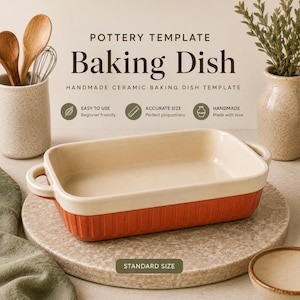 Puede incluir: Una fuente de horno rectangular de cerámica con interior color crema y exterior estriado en color naranja terracota. La fuente cuenta con dos asas laterales y se presenta con el texto POTTERY TEMPLATE Baking Dish y STANDARD SIZE.