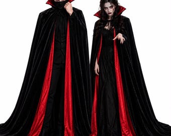 黒と赤の吸血鬼ケープ、手作りのベルベット製ハロウィンコスチュームマント、大人用コスプレユニセックス