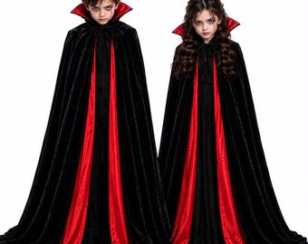黒と赤の吸血鬼ケープ、手作りのベルベット製ハロウィンコスチュームマント（子供用）、コスプレ用ユニセックスギフト