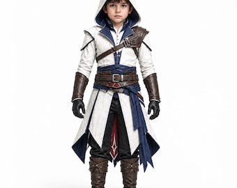 May include: A white hooded jacket with blue accents, a brown leather-look shoulder guard, and matching brown forearm bracers. The outfit includes a dark blue waist sash, a brown belt with a metal buckle, black trousers, and brown leather-look boots.