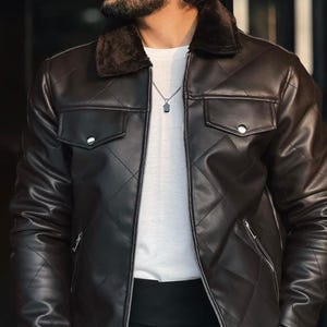 Men's dark brown genuine sheep leather quilted bomber jacket front view