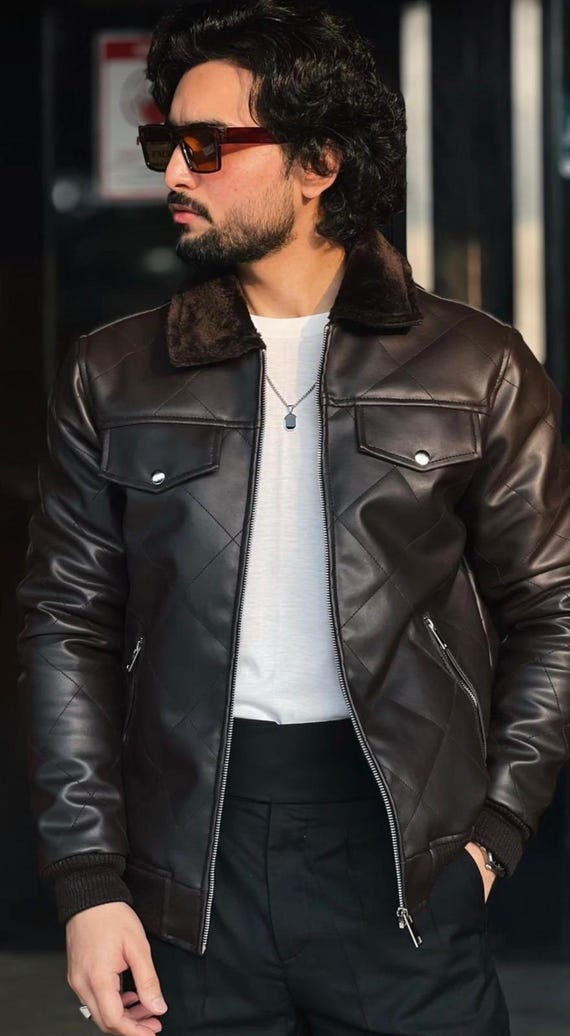 Men's Dark Brown Sheep Leather Jacket | Quilted Bomber | Shearling Collar Winter Coat