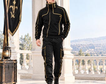 メンズ ブラック ゴールド パイピング トラックスーツ | ジップアップ ジャケット カーゴパンツ セット | ストリートウェア ツーピース アウトフィット