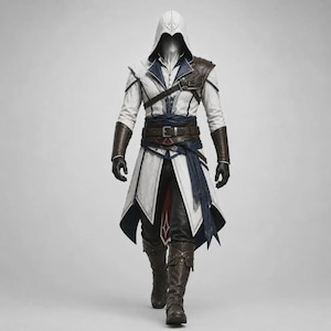 Könnte beinhalten: Ein weißer Mantel mit Kapuze und blauen sowie braunen Akzenten, getragen über einer schwarzen Hose. Das Outfit umfasst einen braunen Schulterriemen aus Leder, braune Lederstulpen, eine dunkelblaue Hüftschärpe mit Schnalle und braune Lederstiefel.