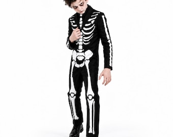 子供用スケルトンタキシードスーツ｜白い骨のハロウィンジャンプスーツ｜怖いDTFプリントコスチューム