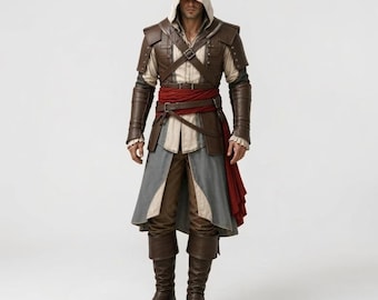 May include: A hooded costume featuring a beige shirt, brown leather-like shoulder armor, and arm guards. The outfit includes a red sash, a grey and beige layered tunic, brown trousers, and tall brown boots, creating a detailed historical-style ensemble.