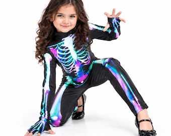 レインボーボーンズボディスーツ｜女の子用ハロウィンスケルトンコスチュームキャットスーツ｜子供用パーティーコスチューム