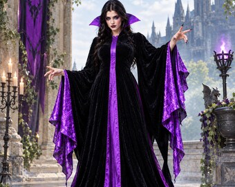 レディース ゴシック ヴァンパイア ベルベット ローブ | 紫のサテン 魔女ケープ | フリル付きの怖いハロウィン袖