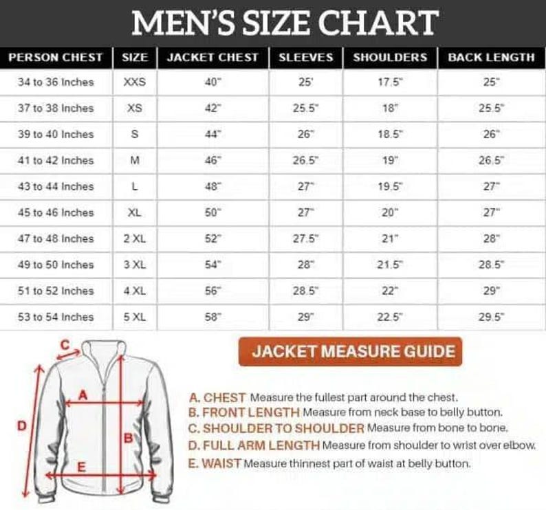 May include: A black and white size chart for jackets with columns for person chest, size, jacket chest, sleeves, shoulders, and back length in inches. Below is a jacket line drawing with a measure guide labeled A through E in orange.