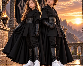 スター・ウォーズ風シス卿コスチューム｜フード付きローブ、チュニック、ベルト｜黒いジェダイ騎士のチュニックマント｜映画にインスパイアされたハロウィンコスプレ