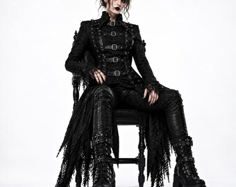 黒のゴシック魔女コスチューム、ダークなオルタナティブミリタリースタイルの衣装、手作りのバックル付きコート、ハロウィンコスプレ