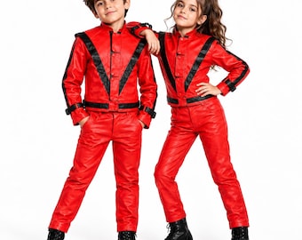 マイケル・ジャクソン スリラー キッズ レッドジャケット | 80年代 MJ コスチューム | 男の子 女の子 フェイクレザー コスプレジャケット