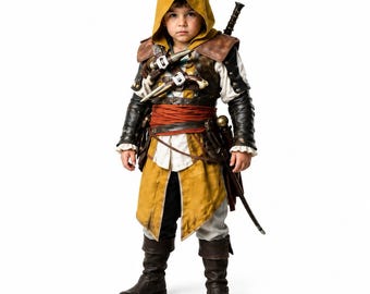 子供用暗殺者コスプレ衣装、中世のフード付き海賊鎧、ルネッサンスフェア衣装