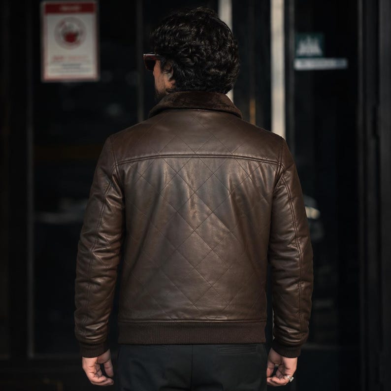 Back view of men's dark brown genuine sheep leather quilted jacket