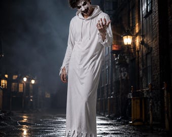 メンズフード付きゴーストローブ｜白いボロボロのハロウィンコスチューム｜不気味なマント衣装