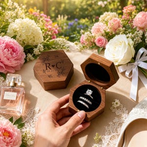 May include: A hexagonal wooden ring box with the engraved text R C and 06.20.2025, containing three silver-toned rings with clear stones. The open box sits near a closed matching box, a glass perfume bottle, and white lace fabric.