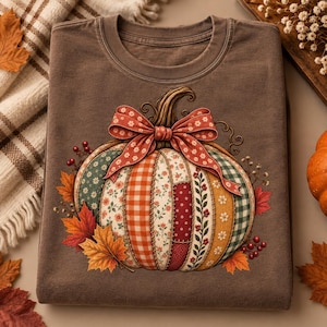 Camiseta de calabaza de otoño, camiseta vintage de calabaza, camiseta de calabaza con lazo, camiseta de otoño de patchwork, regalo de otoño estilo cottagecore, descarga digital PNG