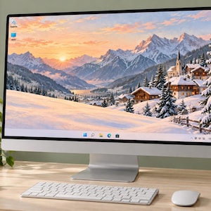 Könnte beinhalten: Ein silberner All-in-One-Desktop-Computer mit einem schmalen Displayrahmen, der eine winterliche Berglandschaft bei Sonnenuntergang zeigt. Das Set umfasst eine passende silberne Funktastatur und eine weiße Funkmaus auf einem hellen Holztisch.