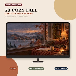 May include: A digital download product featuring 50 cozy fall desktop wallpapers for Mac and Windows. The display shows a rainy autumn landscape through a window, with a cozy interior scene including a book, mug, lamp, and a sleeping cat.