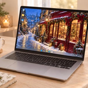 Op de afbeelding: Een zilverkleurige laptop met een zwart toetsenbord en trackpad toont een feestelijke winterscène op het scherm, met een besneeuwde straat vol versierde etalages, fonkelende kerstverlichting en een kerstboom in een etalage.