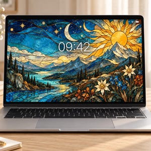 Peut inclure: Un ordinateur portable argenté affichant un fond d'écran numérique coloré de style vitrail représentant un soleil, une lune, des étoiles, des montagnes, une rivière et des fleurs. L'écran indique 09:42 et 12 Jun en texte blanc sur le paysage.